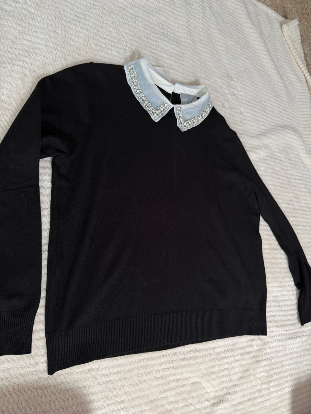 Embellished Collar Black Sweater - LLY